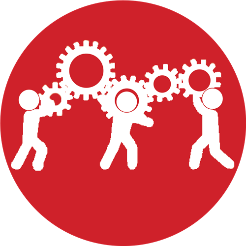  red circle with human figures holding gears in the air